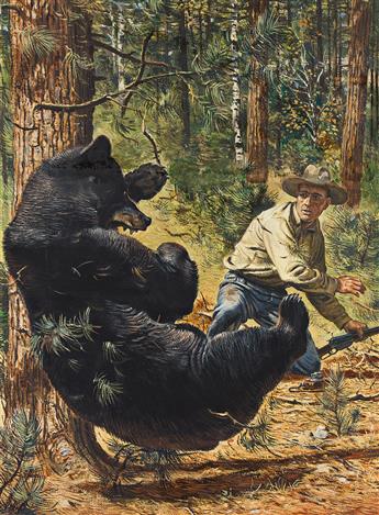 ARTIST UNKNOWN Black Bear with photographer/hunter.